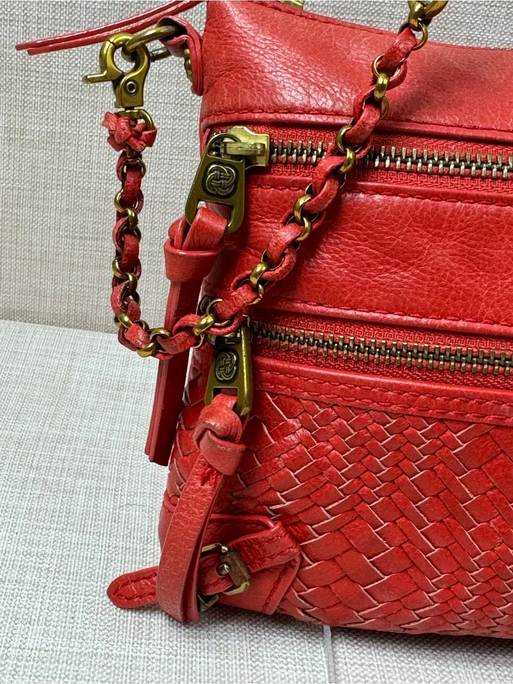 Red Woven Leather Crossbody Bag with Chain-Trim Strap